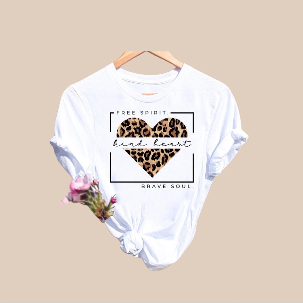 White Tee with Leopard Heart Design